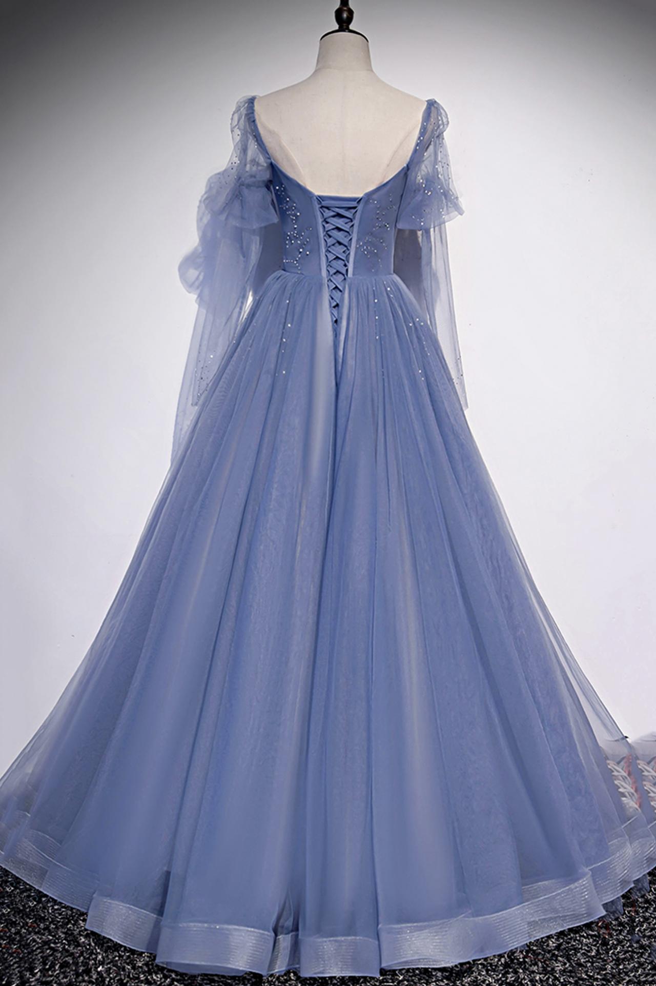 Robe de bal longue en tulle bleu, robe de soirée trapèze M5194