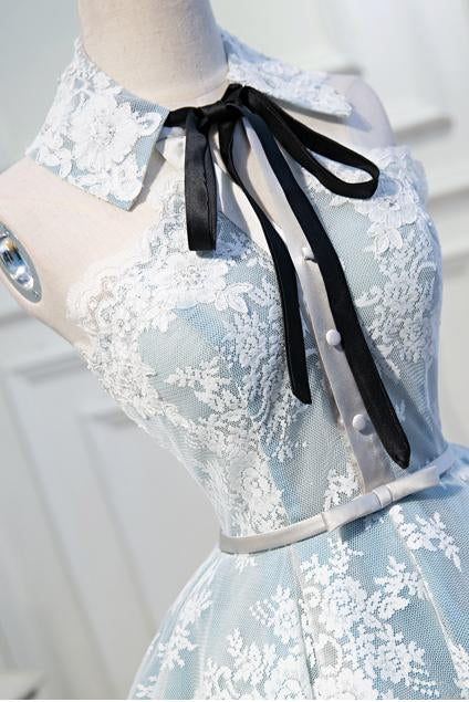 Light Sky Blue Halter Homecoming Dress with Lace Appliques, Cute Short Formal Dress M1733