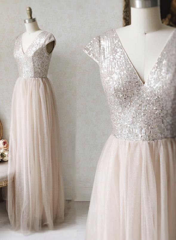 Robe de soirée longue en tulle à paillettes et col en V, coupe trapèze, M2298