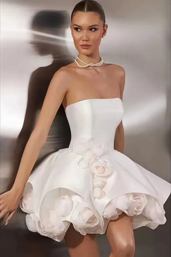 Beautiful Homecoming Dress Strapless Flower Pleated Back to School Outfits Party Dress D7243