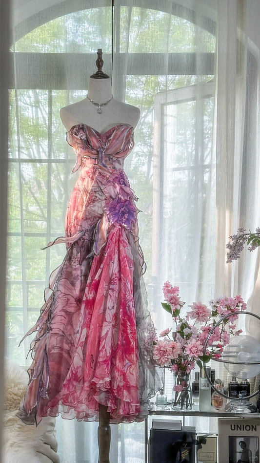 Vintage Floral Sweetheart Strapless Design A-line Romantic Chiffon Evening Dress Prom Dress D1507