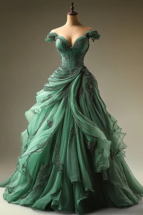 Retro Green Off Shoulder A-Line Beading Chiffon Long Prom Dress Evening Gown, D772