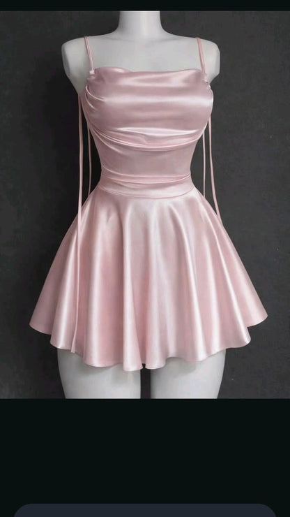Stunning Homecoming Dress Pink Spaghetti Strap Pleated Backless Back to School Outfits Party Dress D6704