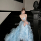 Gorgeous Shiny Light Blue Strapless Design A-Line Tulle Wedding Dress Prom Dress Evening Dress D1714