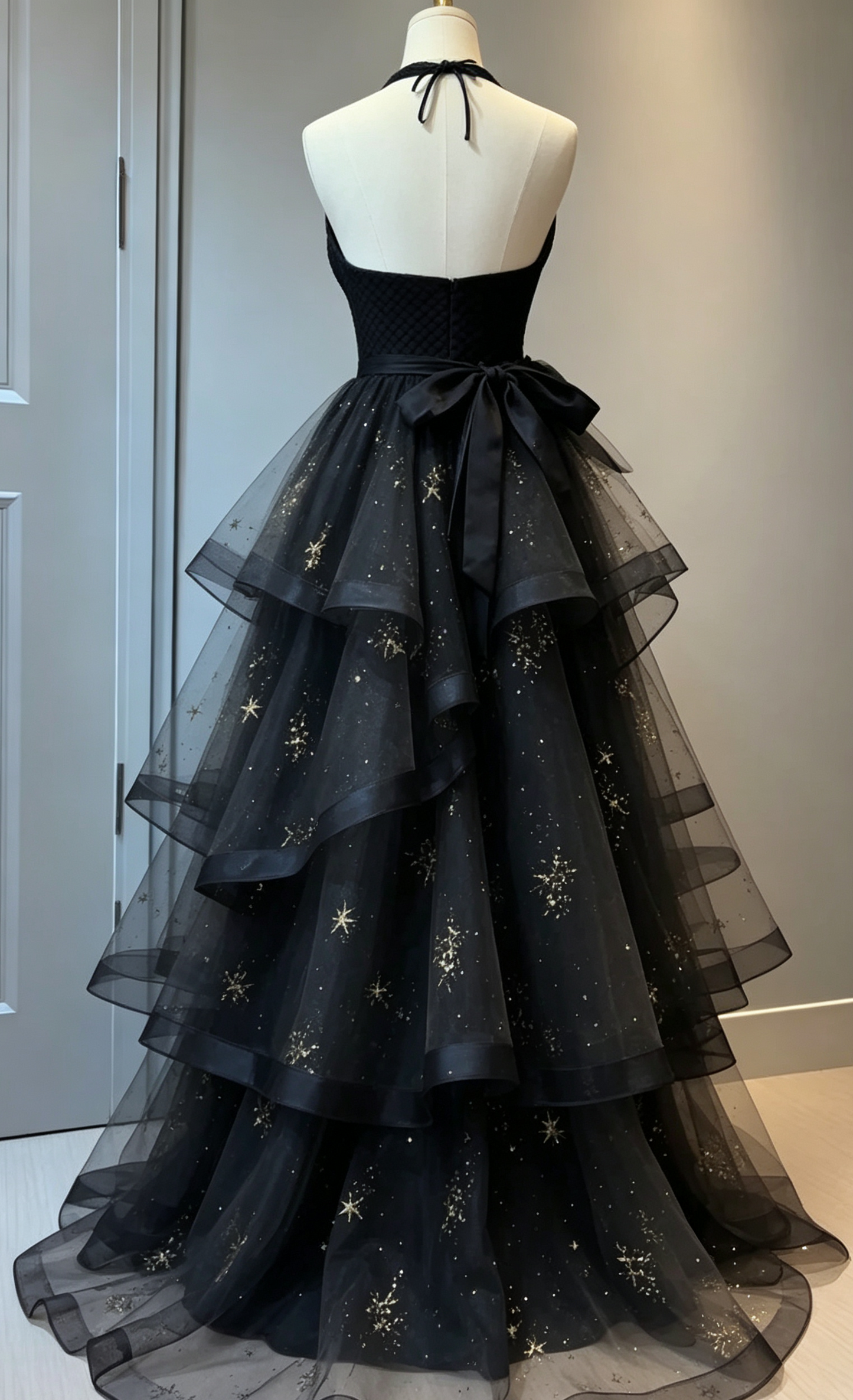 Black Halter A-Line Tulle Long Formal Prom Dress Evening Gown, D61