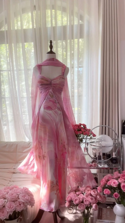 Retro Pink Sweetheart Floral Elegant Design A-line Romantic Chiffon Evening Dress Prom Dress D1477