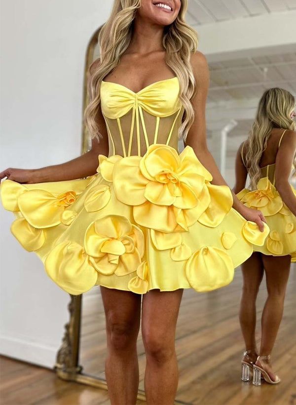 Stunning Homecoming Dress Spaghetti Strap Flower Tulle Back to School Outfits Party Dress D6817