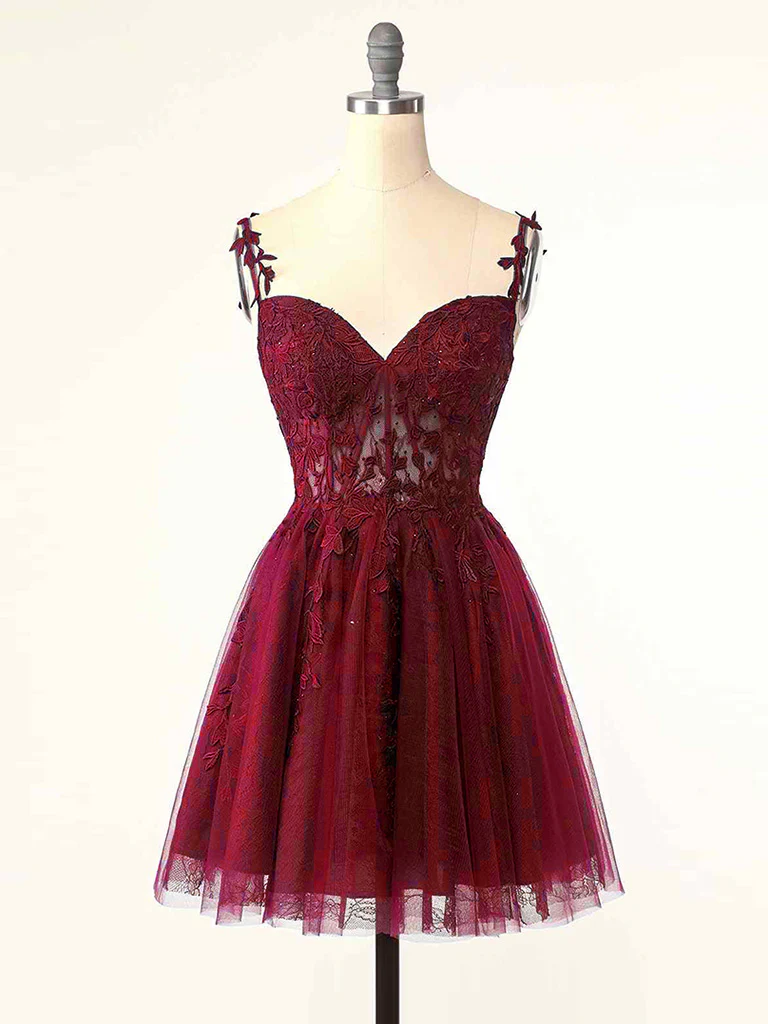 Vintage Burgundy Applique Sweetheart Spaghetti Strap Design A-line Tulle Party Dress Homecoming Dress D1554