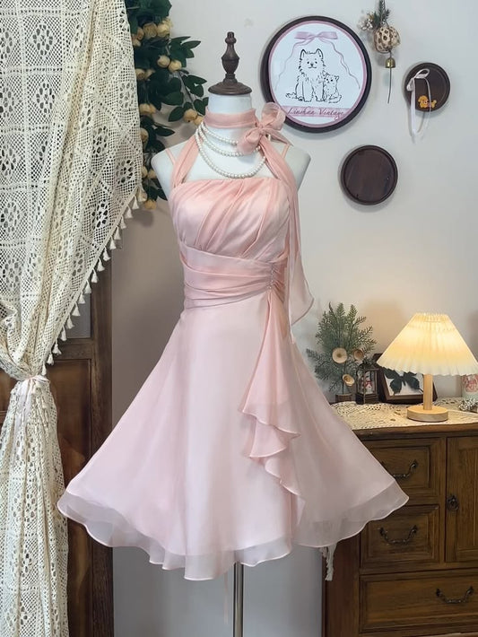 Pink A Line Halter Chiffon Short Homecoming Dress D7967