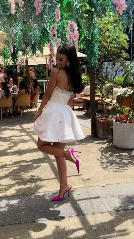 White Strapless A-Line Satin Short Party Dresses Cute Homecoming Dresses, D1291