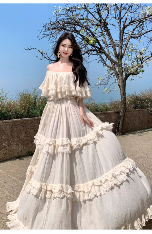 Vintage Ivory Strapless Ruffled Hem Design Elegant Beach Holiday A-Line Summer Dress D1730