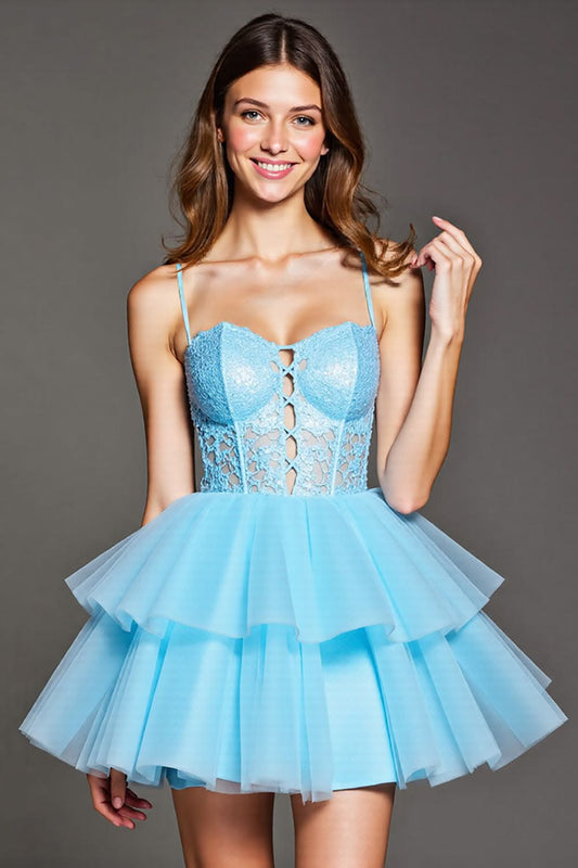 Unique Homecoming Dress Spaghetti Strap Applique Tulle Back to School Outfits Party Dress  D7737