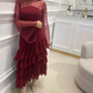 Wine Red Long Sleeves A-Line Tiered Long Formal Prom Dress MD7342