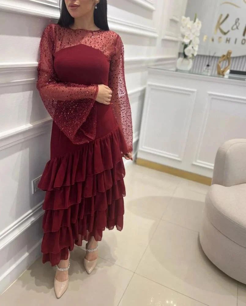 Wine Red Long Sleeves A-Line Tiered Long Formal Prom Dress MD7342