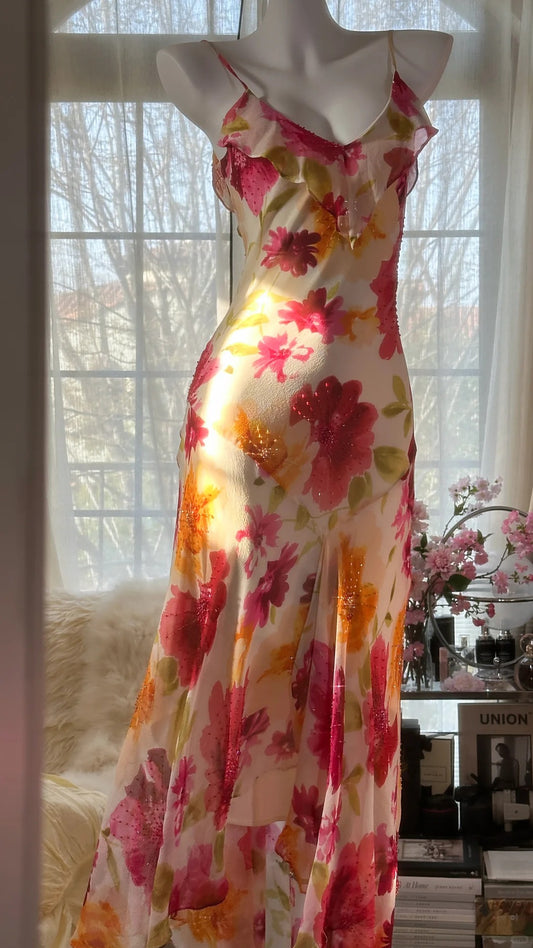 Vintage Floral A-line V-neck Spaghetti Strap Evening Dress Prom Dresses, D1432