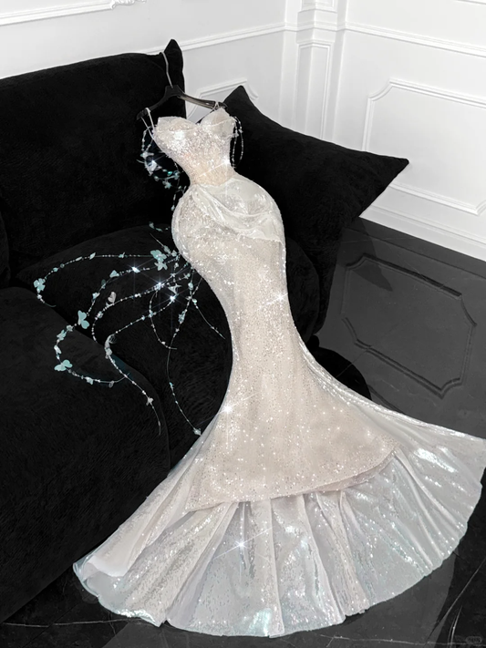 Gorgeous Sparkling Champagne Sequin Sweetheart Mermaid Elegant Chiffon Evening Dress Prom Dresses D1627