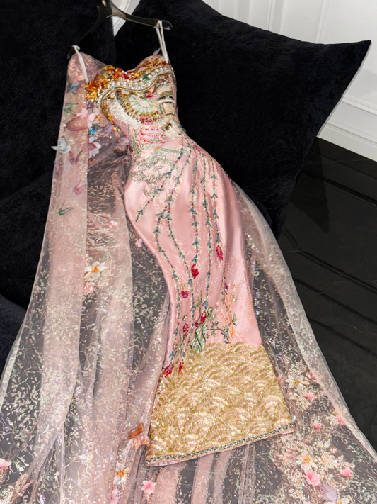 Sparkling Pink Beaded Sequined Design Elegant Mermaid Prom Dress Evening Dress D1694