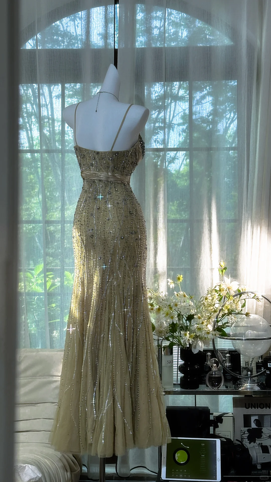 Vintage Shiny Light Green Spaghetti Strap Elegant Design A-line Beaded Romantic Chiffon Evening Dress Prom Dress D1503