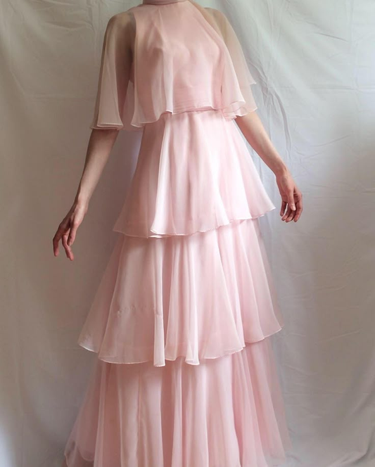 Modest High Neck A-Line Chiffon Layers Elegant Long Formal Party Dress, D782