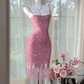 Vintage Pink Sparkling Sequin Spaghetti Strap Tassels Hem Romantic Evening Dress Prom Dresses D1606