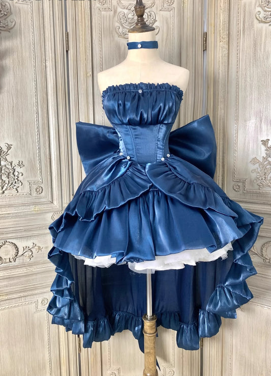 Unique Homecoming Dress Strapless Cascade Bowknot Hi-Lo Bead Back to School Outfits Party Dress  D7723