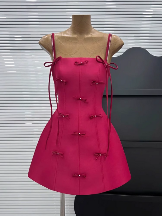 New Rose Pink Spaghetti Strap Bow Design A-line Party Dresses Homecoming Dresses, D1383