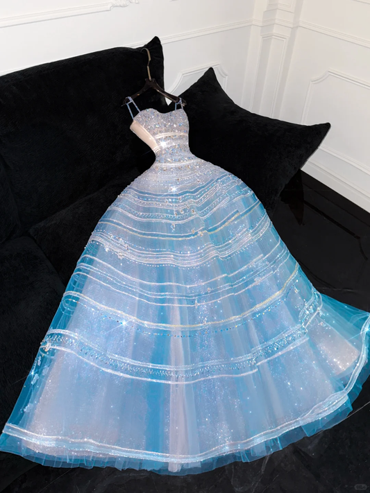 Vintage Sparkling Blue Sequin Sweetheart A-Line Design Tulle Evening Dress Prom Dresses D1635