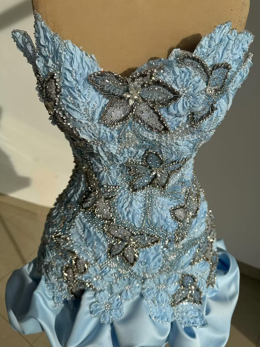 Chic Homecoming Dress Strapless Pleaed Beading Flower Rinestone Back to School Outfits Party Dress  D7400