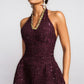 Beautiful Homecoming Dress Halter Rinestone Sequins Pleated Back to School Outfits Party Dress D7159