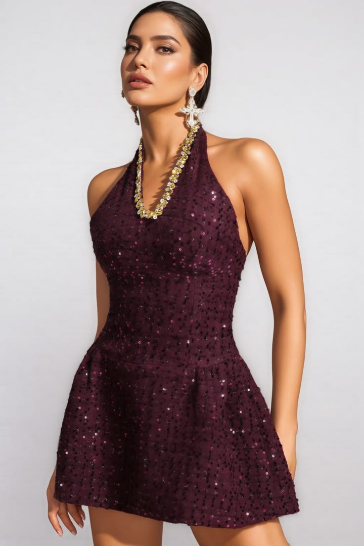 Beautiful Homecoming Dress Halter Rinestone Sequins Pleated Back to School Outfits Party Dress D7159