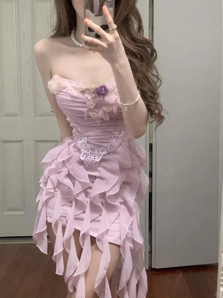 Beautiful Homecoming Dress Strapless Soutache Hi-Lo Applique Flower Back to School Outfits Party Dress D7281