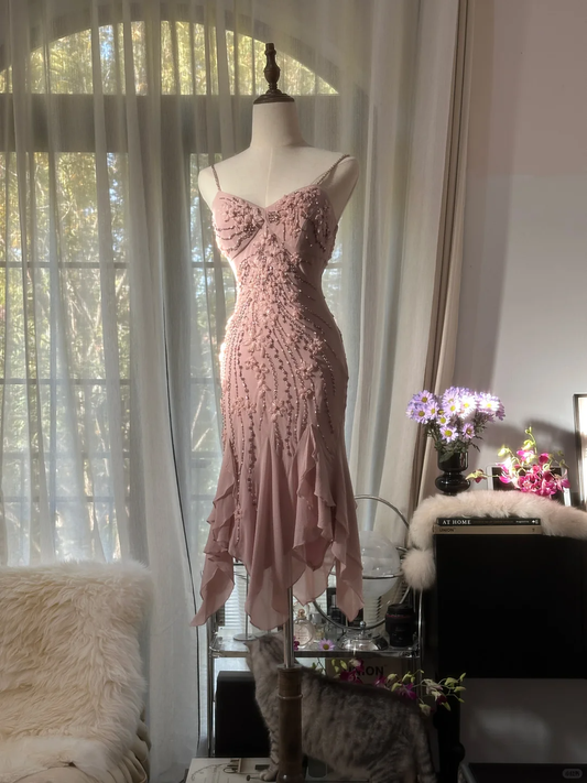 Retro Pink Sparkling Beaded Spaghetti Strap Romantic Chiffon Evening Dress Prom Dresses, D1460