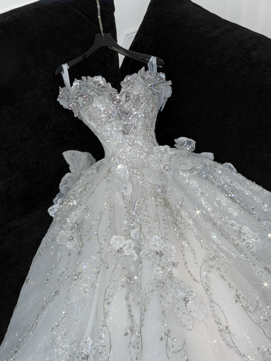 Gorgeous Shiny Beaded White Sweetheart Tulle Sequin Design Elegant A-Line Floor-length Wedding Dress D1666