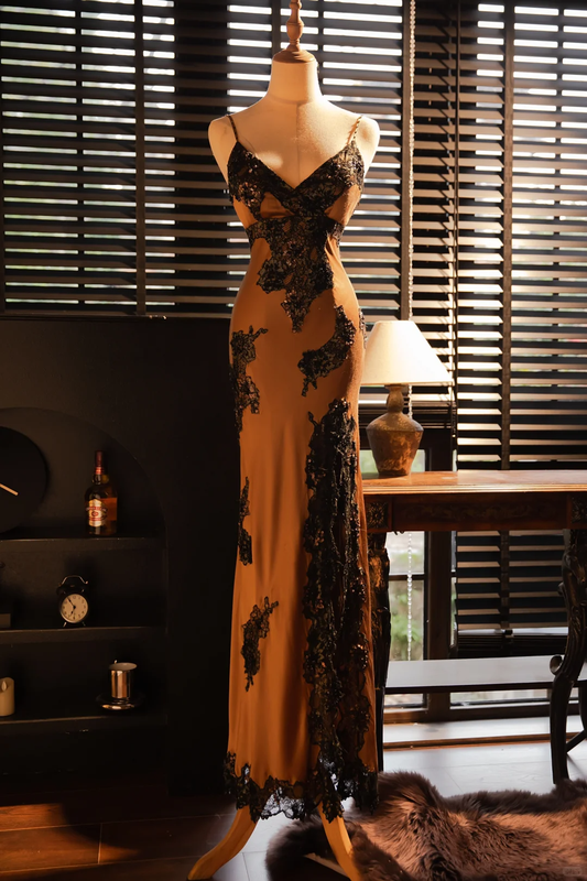 Vintage Elegant V-neck Applique Design Romantic Chiffon Evening Dress Prom Dress D1515