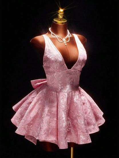 Chic Homecoming Dress V Neck Pleated Bowknot Back to School Outfits Party Dress D6762