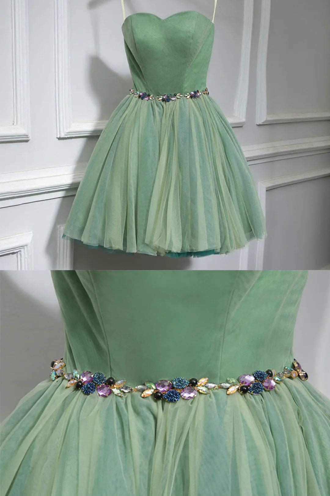 Pretty Homecoming Dress Spaghetti Straps Tulle Rinestone Short Prom Dress Back to School Outfits Party Dress  D6095