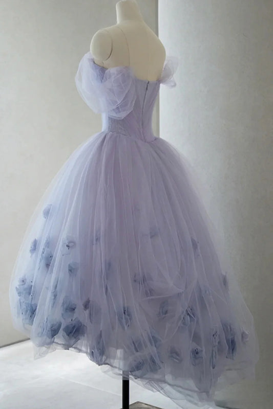 Elegant Homecoming Dress Off the Shoulder Tulle Flowers Prom Dress Back to School Outfits Party Dress  D6112