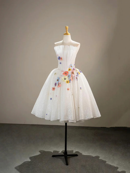 Charming Homecoming Dress Strapless Tulle Lace Flower Short Prom Dress Back to School Outfits Party Dress  D6027