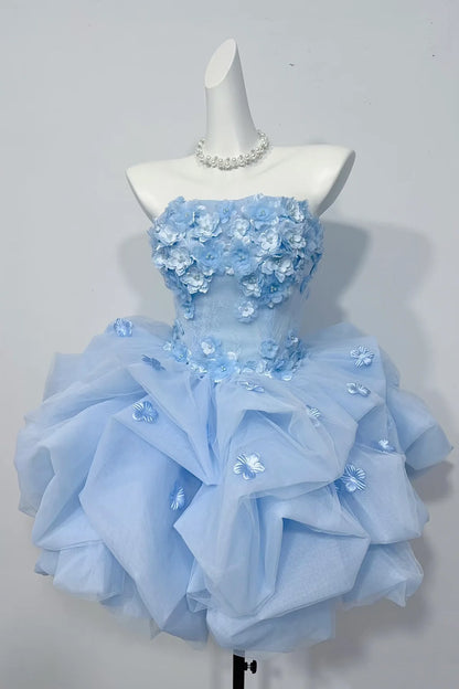 Charming Homecoming Dress Strapless Flower Pleated Short Prom Dress Back to School Outfits Party Dress  D6010