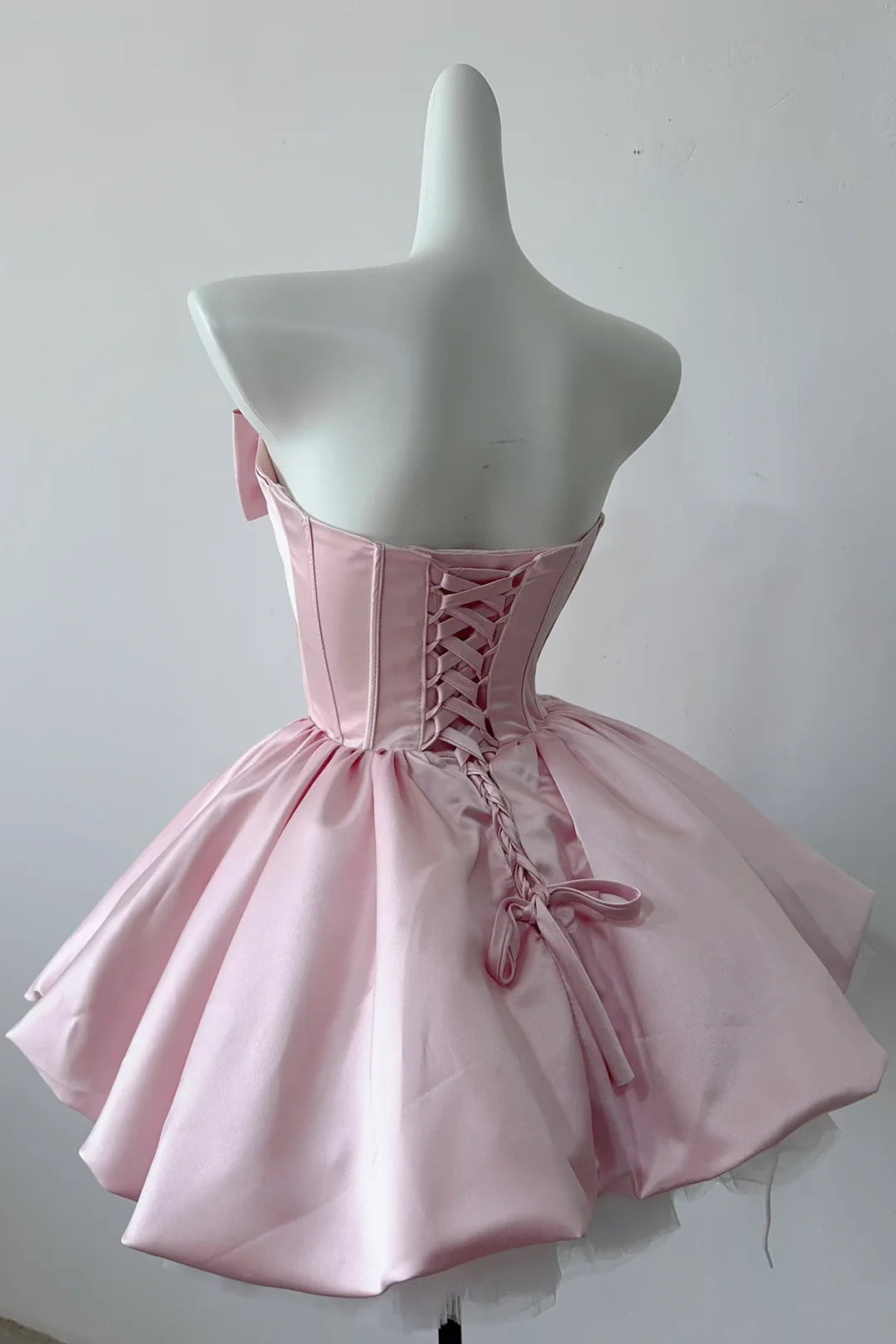 Coquette Pink Satin Strapless Homecoming Dress with Big Bow X001