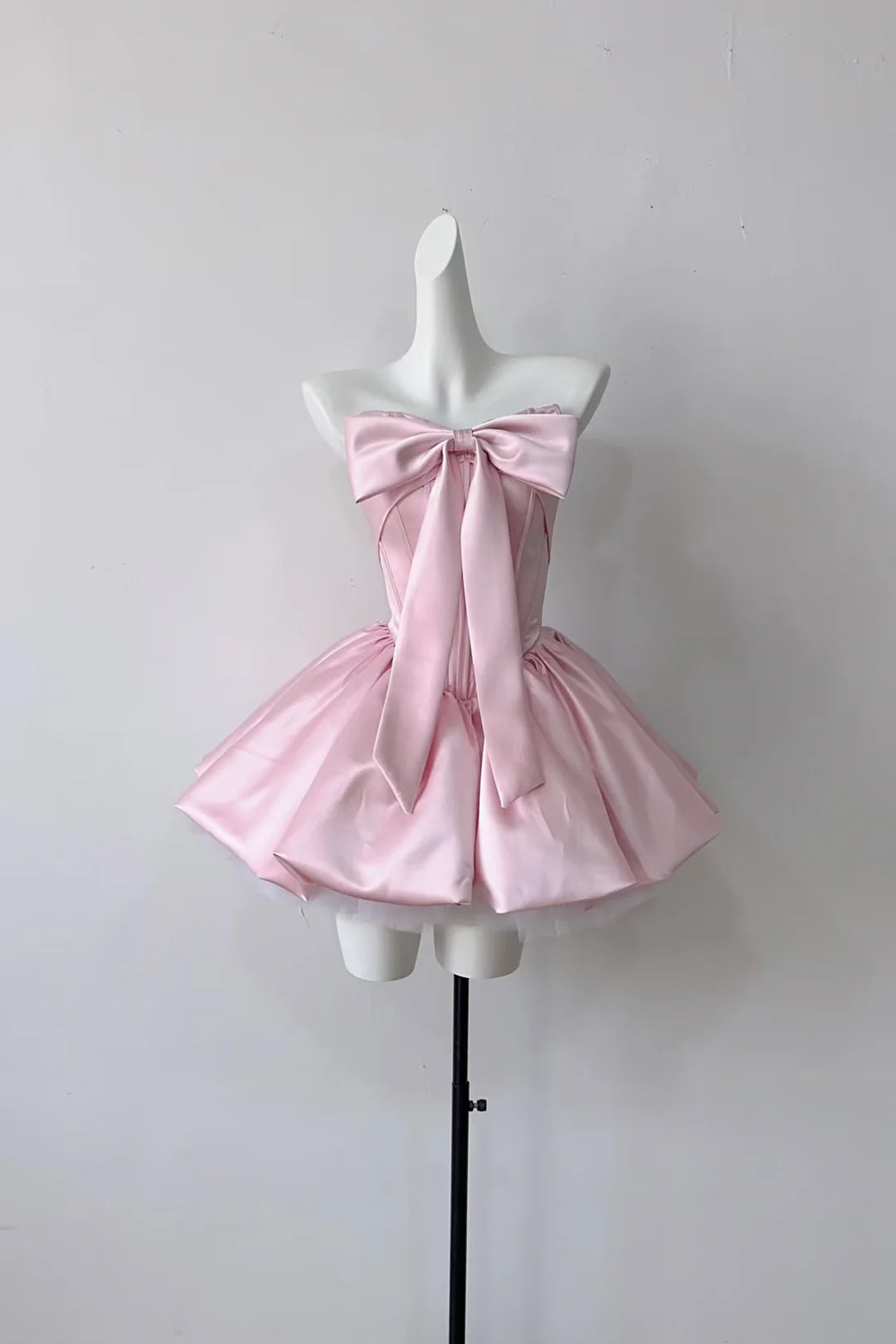 Coquette Pink Satin Strapless Homecoming Dress with Big Bow X001
