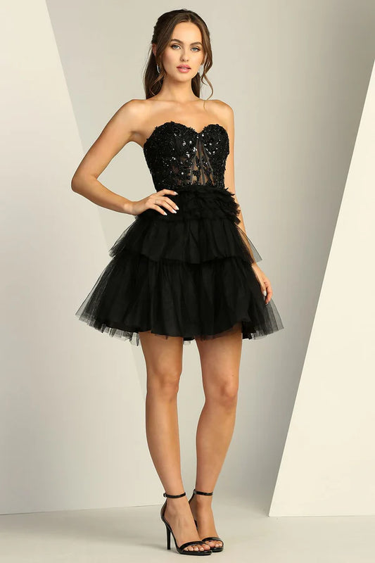 Fashionable Homecoming Dress Sweetheart Tulle Cascade Applique A-Line Back to School Outfits Party Dress D7884