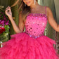 Beauty Homecoming Dress Spaghetti Strap Rinestone Tulle Cascade Back to School Outfits Party Dress D7111