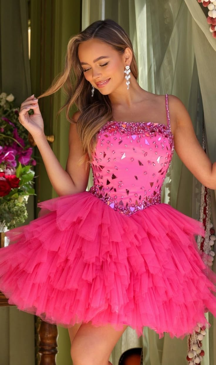 Beauty Homecoming Dress Spaghetti Strap Rinestone Tulle Cascade Back to School Outfits Party Dress D7111