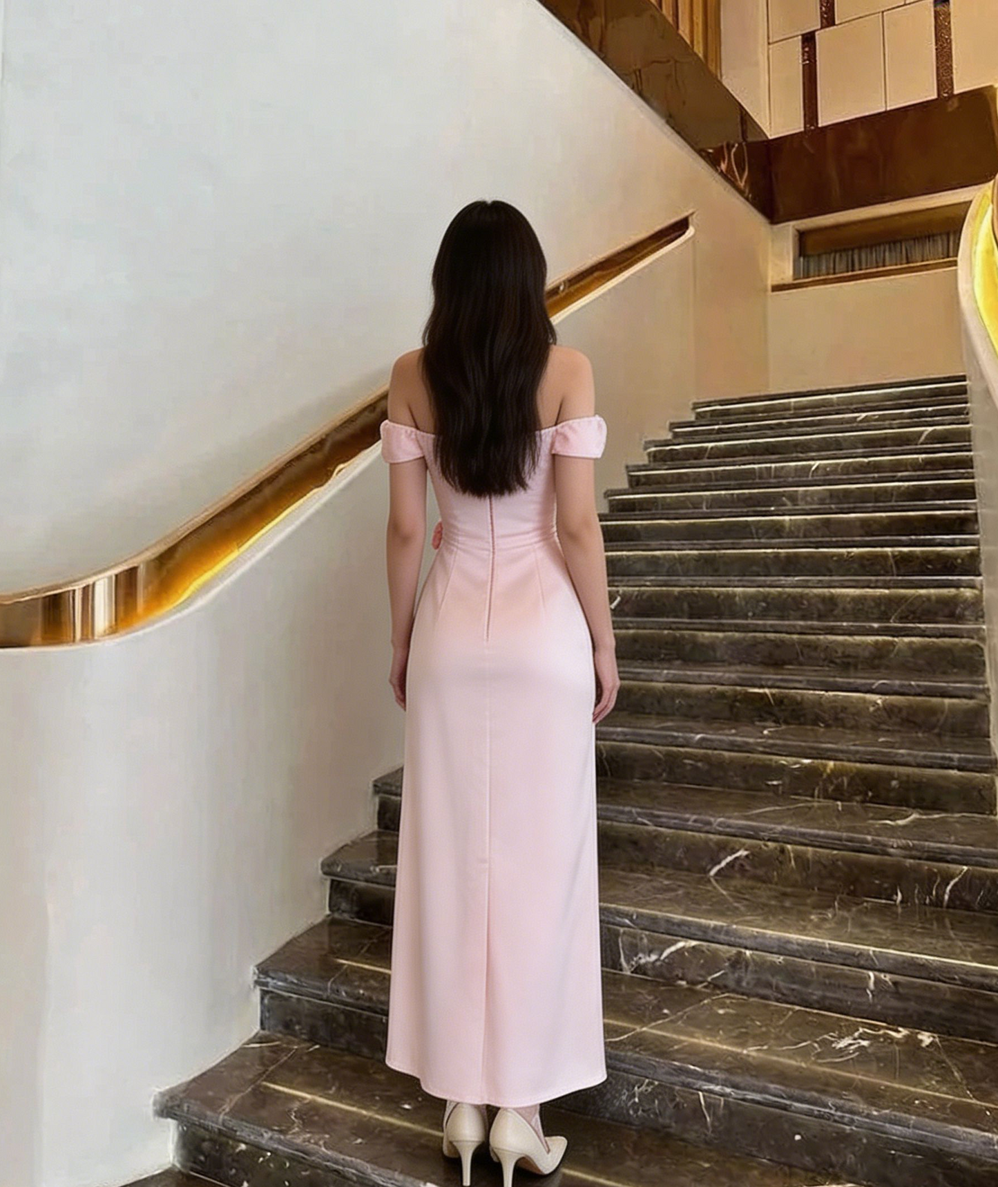 Robe fourreau longue en satin rose clair à épaules dénudées, robe de demoiselle d'honneur, D656
