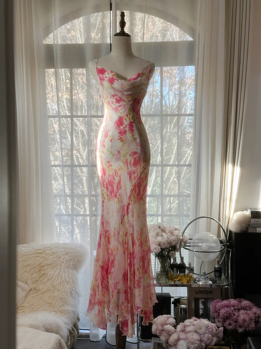 Sexy Pink Straps Mermaid Chiffon Long Party Dress Wedding Guest Dress, D939
