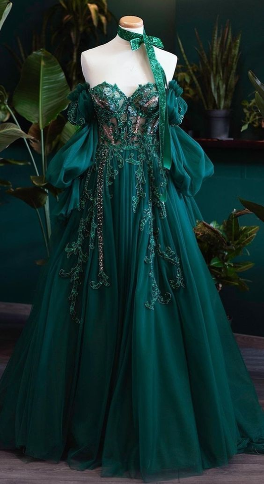 Elegant Sweetheart A-Line Beading Chiffon Green Long Prom Dress Evening Gown, D746