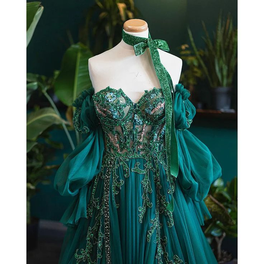 Elegant Sweetheart A-Line Beading Chiffon Green Long Prom Dress Evening Gown, D746