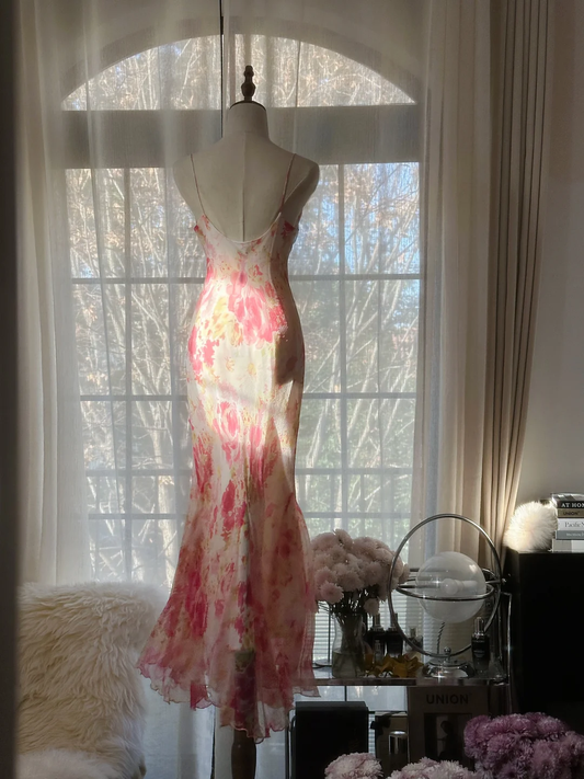 Sexy Pink Straps Mermaid Chiffon Long Party Dress Wedding Guest Dress, D939