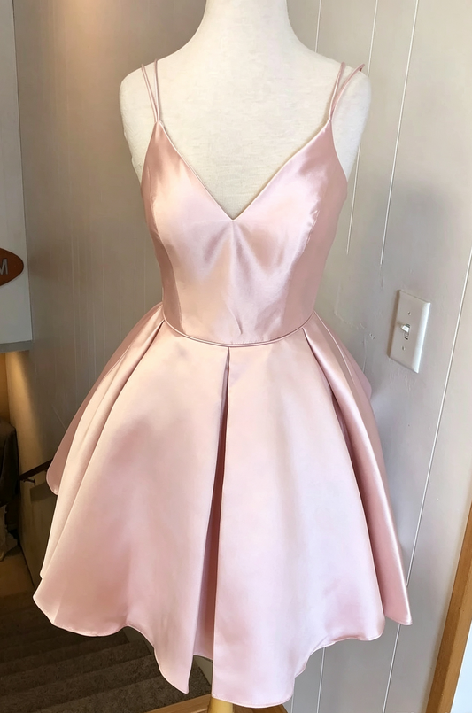 Unique Homecoming Dress Spaghettistrap V Neck Pleated Back to School Outfits Party Dress D7634